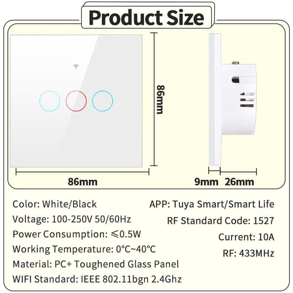 Graffiti WiFi Smart Touch Switch US & EU Standard Enkel/Neutral/Strömförande Universal Härdat Glas Dubbellägespanel RF433