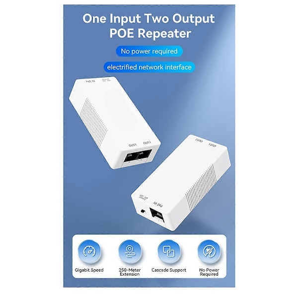 2 Port Gigabit POE Repeater 100/1000M 1 til 2 PoE Extender med IEEE802.3af/at PlugandPlay 48V til S
