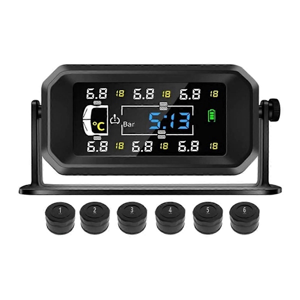 Bil Husbil Lastbil TPMS 6 Hjul Sensor Solenergi Däcktrycksövervakningssystem Temperatur Klocka Lufttryck