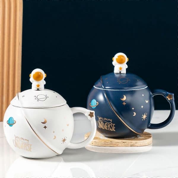 Söt Astronaut Mugg med Lock och Sked, Kawaii Kopp Nyhet Mugg för Kaffe, Te och Mjölk, Mugg Present