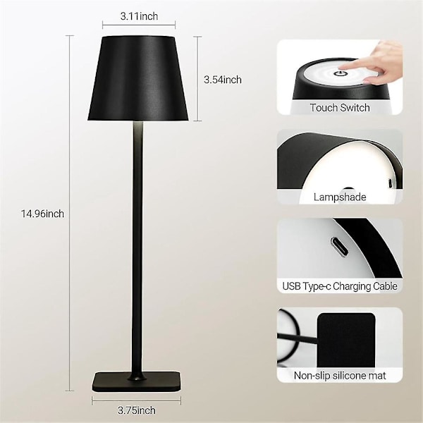 Moderne LED Bærbar Trådløs Bordlampe, USB Genopladelig Touch Skrivebordslampe, 3 Farver & Trinløs Dæmpning Sengelamper Sort