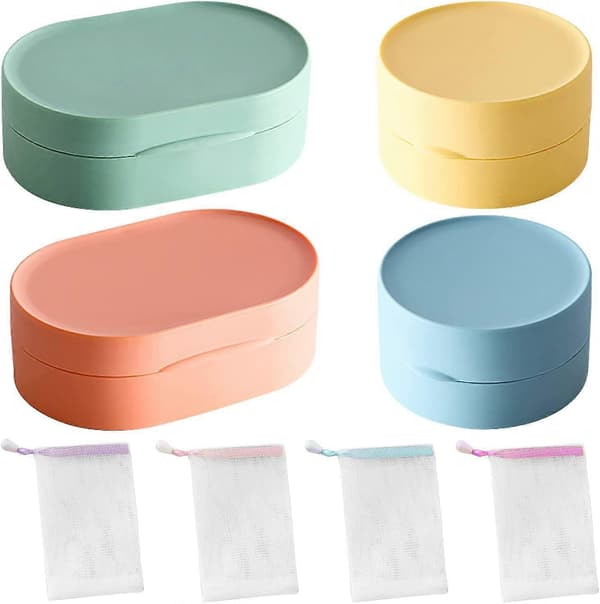 Bærbar oval og rund sæbeæske 4-delt sæt med 4 skumnet i plastmateriale, velegnet til hjemmerejser