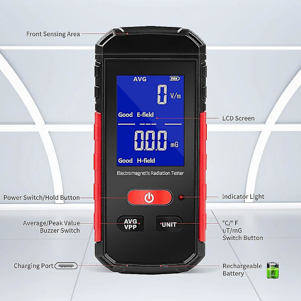 EMF-Måler, Elektromagnetisk Strålingsdetektor, Genopladelig Digital EMF-Tester, Elektrisk/Magnetisk Ha