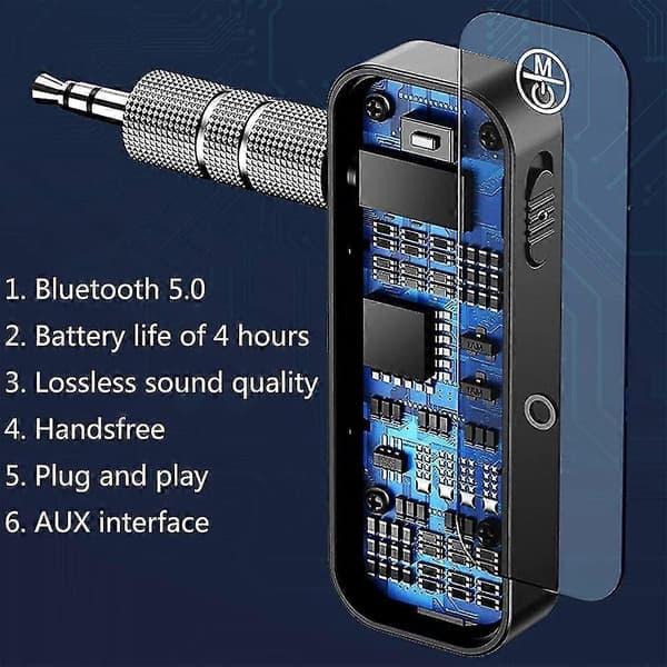 Bluetooth 5.0 Mottaker, 3.5mm Bil Bluetooth Adapter Med Aux Stereo Utgang, Håndsfritt Bilsett