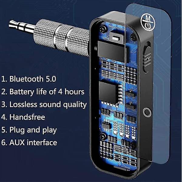 Bluetooth 5.0 Receiver, 3.5mm Bluetooth adapter til bil med stereo auxiliary output, håndfrit bilsæt