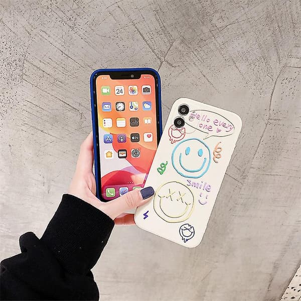Sød Sort Glad Smil Graffiti Sideprint Telefon Cover Til Apple Iphone 12  Etui Til Kvinder Slank Blød Etuier Til Iphone 12  Hvid