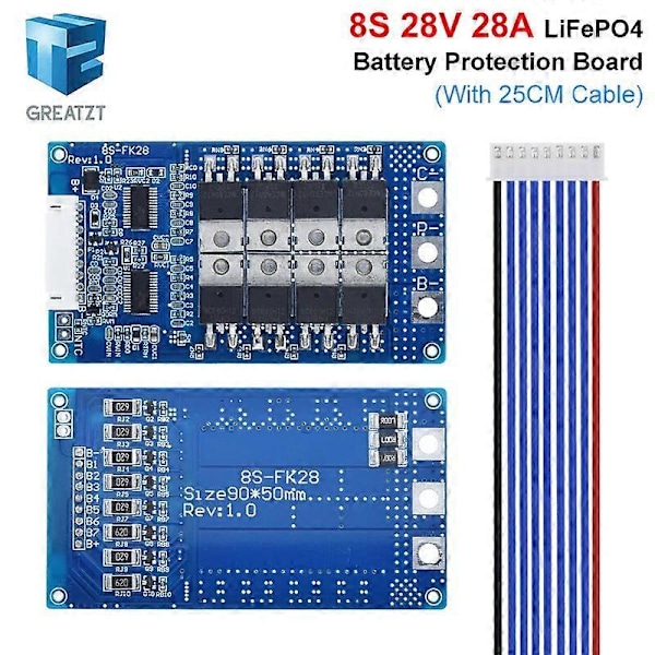 BMS 8S 28V 28A Lifepo4 Batteriladdningskort Kortslutningsskydd PCM Självåterställning Med Balans / Temperaturskydd