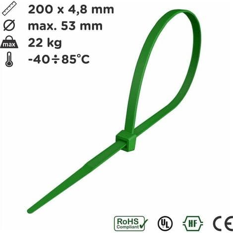 Kabelbindere 200 mm x 4,8 mm. Kabelbindere. Nylon Kabelbindere. 200 mm Kabelbindere. Grøn. Pakke med 100
