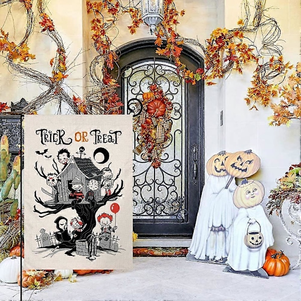 Halloween-aiheinen \"Kepponen vai karkki\" -puutarhalippu, pystysuora, kaksisivuinen, maalaistyylinen, pellavainen, ulkokoriste
