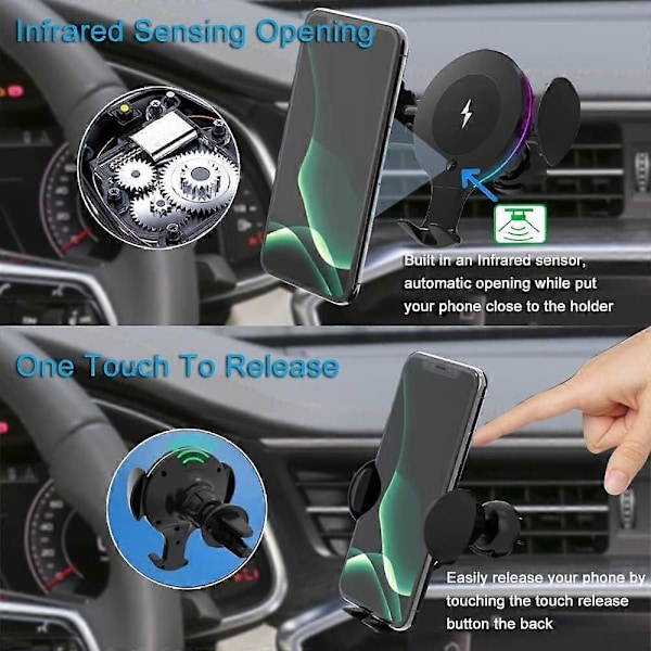 SBSG Trådløs Billader, 10W Qi Hurtiglading Auto-Klemming Luftventil Biltelefonholder Feste, Kompatibel med iPhone 12/12Pro/11/11 Pro/XS/Max/XR/X/