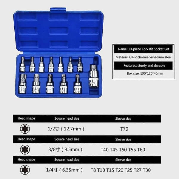 13 stk. Torx Bits Sett T8-t70 S2 Stål Sekskant Pipe Torx Pipeverktøy Skrutrekker Bits Sett
