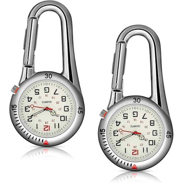 2 Stycken Clip-on Quartz Klocka Ryggsäck Fob Bältesklocka Självlysande Unisex Fickur med Vit Urtavla för Läkare Sjuksköterskor Utomhusaktiviteter