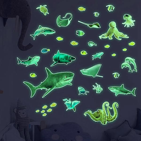Självlysande Undervattensvärld Väggdekaler, Självlysande Djur Väggdekaler Sovrum, DIY Fluorescerande Väggdekaler