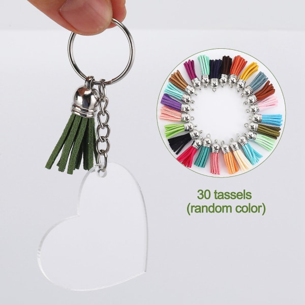 90 stk Akryl Diske Klar Hjerte Nøglering Blanks Charms Og Farverige Tassel Nøgleringe Til DIY Håndværk