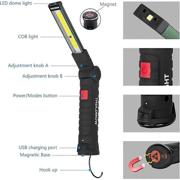 USB Genopladelig Lommelygte LED Arbejdslampe Bærbar Magnetisk COB Hængekrog til Udendørs Camping Reparationslampe (2 STK Små) [Energiklasse A]