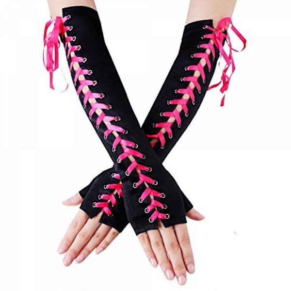 Dame Fingerløse Handsker Albue Snøre Steampunk Kostume Armvarmere, Satin Rose Rød