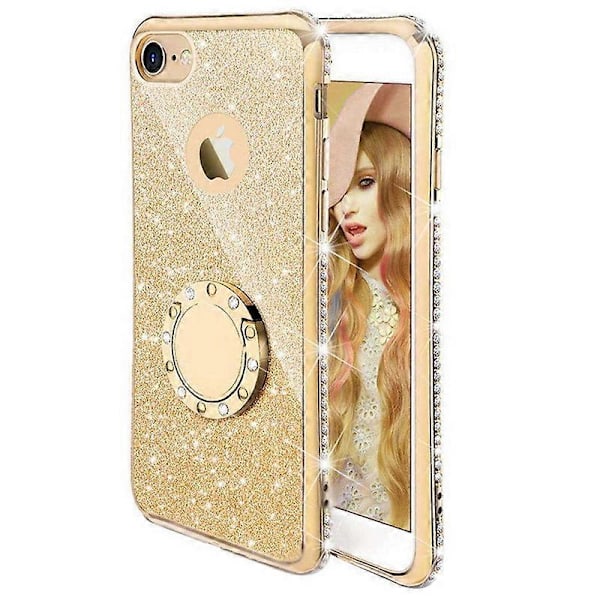 iPhone 13 Pro Max 6.7 Case, Glittrig Lyxig Bling Diamant Rhinestone Bumper med Ringgrepp Stativ Skyddande Tunn Flickig Case för Kvinnor Guld