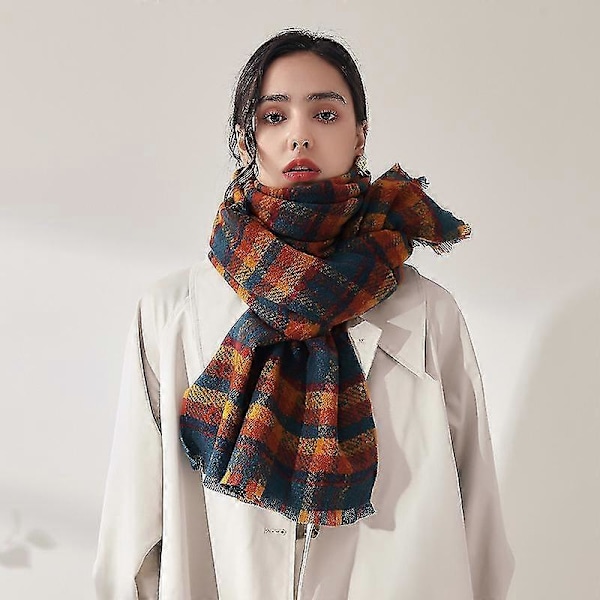 Dame Tartan Tørklæde Vinter Lang Plaid Tørklæder Varme Ternede Wraps Pashmina Uld Sjaler Tæppe Til Damer Spinding Kvast Oversized Stole 1 stk. orange