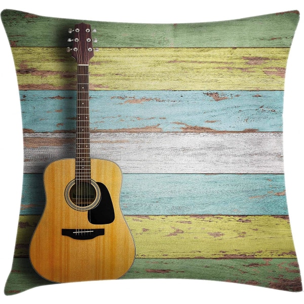 Musiikkityynyn cover, akustinen kitara värikkäillä maalatuilla ikääntyneillä puisilla lankuilla, maalaismainen maalaismainen print, 18" X 18", keltainen vihreä