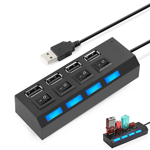 4 Ports USB 2.0 Hub med Tænd/Sluk-Knap, Højhastighedssplitterkabel til PC Bærbar