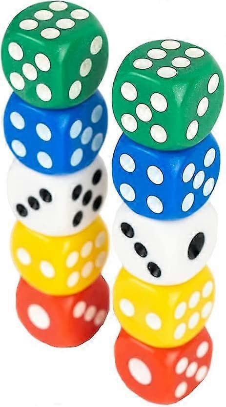 Sæt med 10 små farverige seks-sidede terninger 1,4 cm