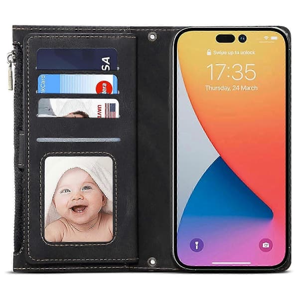 Til iPhone 16 Plus Etui Lynlås Pung Læder Støtteben Telefon Cover