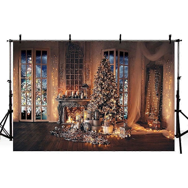 7x5ft Julgran String Lights Bakgrunder Eldstad Ljus Gåvor Fönster Fotografi Bakgrund Rustik Brun Trävägg Vinter Semester