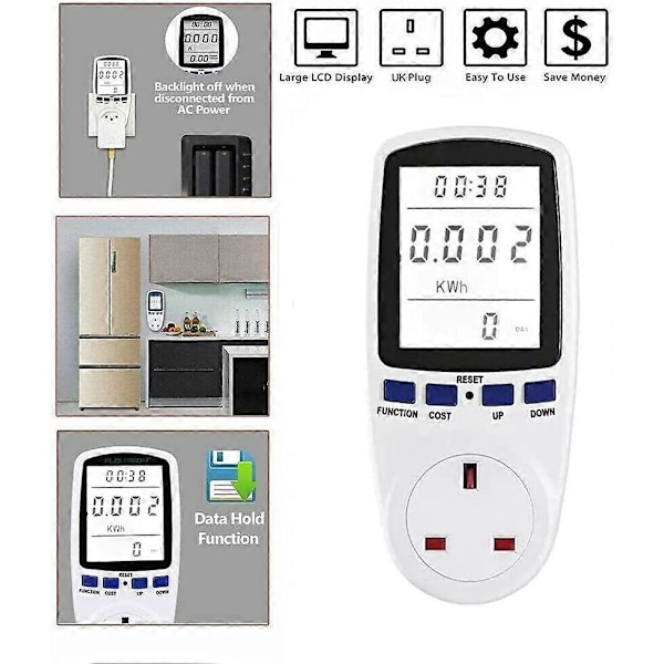 Elförbrukningssensor, Elströmförbrukning Mätare Energisensor Timerkontakt Watt kwh Analysator Kontakt med LCD-Skärm för Hem Hotell