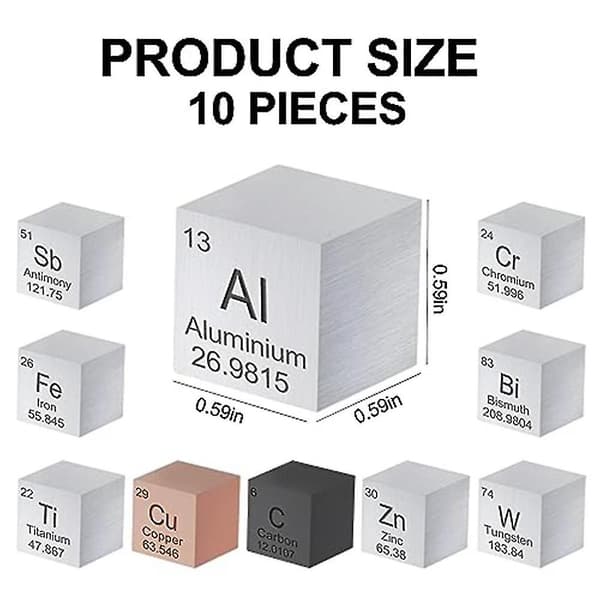 10 stk. Elements Square Sæt 1,5 cm, Wolfram Square Metal, Periodiske System, til Undervisning, Gave, Samling