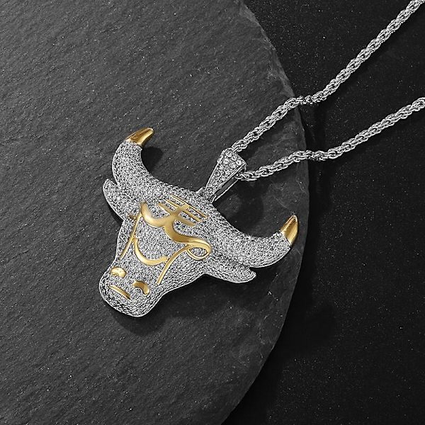 Mode Man Hip Hop Full Rhinestone Oxhuvud Hänge Halsband Glittrande Is Ut Guld Färg Halsband
