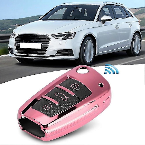 Vikbart Nyckelbricka Fodral Skydd TPU Kolfiberstil för A3 S3 2005 till 2017 Rosa