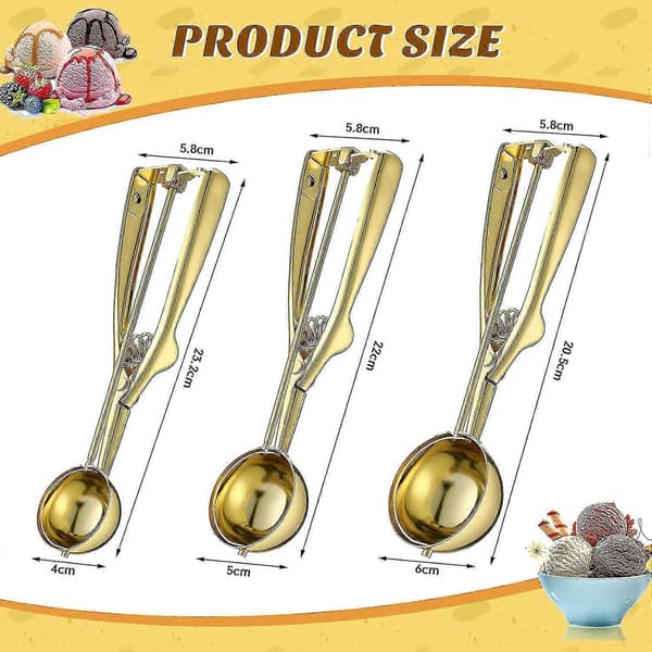 3 stk. Guld Cookie Scoop Sæt Is Scoop Cookie Med Trigger Lollipop Cake Pop Udgivelse Rustfrit Stål Cookie Scoops Stor Medium Lille Størrelse Cupcak
