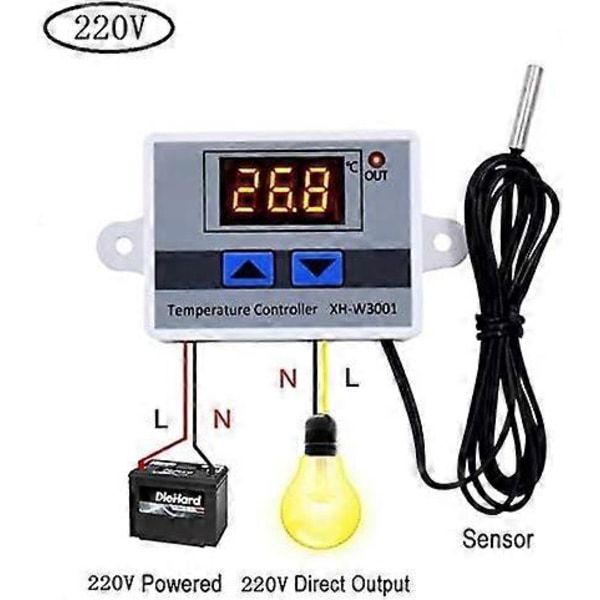 Digitalt LED Temperaturstyringsmodul, XH-W3001 Termostatkontakt, med Vandtæt Probe, (12V 10A 120W)