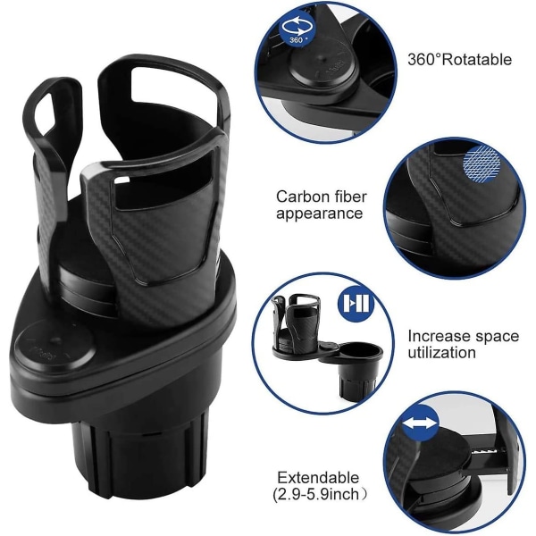Dubbel bil mugghållare - bildryckshållare, expanderande mugghållare för bil, justerbar och utdragbar mugghållare lämplig för stor vattenflaska (svart, 1 st