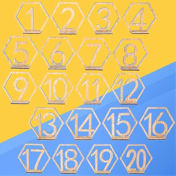 Hexagonformade Bordsnummer i Trä för Bröllop - Set med 20 Rustika Bordsnummerhållare