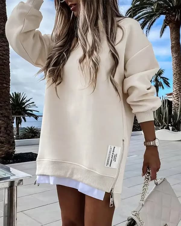 ChicMe 2025 Dame Langærmet Pullover Sweatshirt Lynlås Slids Afslappet Kjole Drop Shoulder Oversized Outfit Apricot M