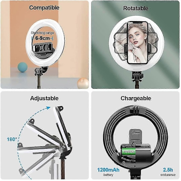 Selfie-rengasvalo jalustalla ja Bluetooth-kaukosäätimellä, 6,3\" rengasvalo