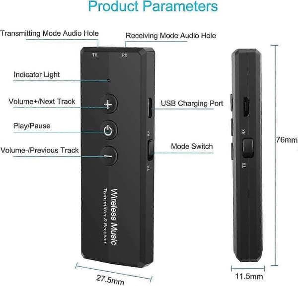Bluetooth 5.0 Sender 3-i-1, Bærbar Trådløs Bluetooth-adapter, Oppladbar Bluetooth-sender for TV, Bluetooth-lydmottaker for bilstereo