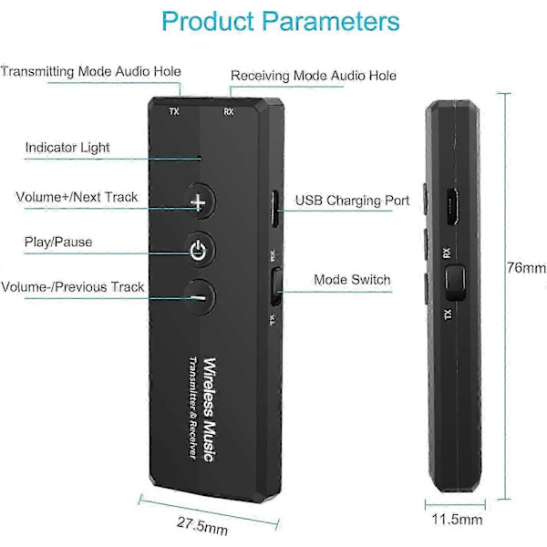 Bluetooth 5.0 Transmitter 3-i-1, Bærbar Trådløs Bluetooth Adapter, Genopladelig Bluetooth Transmitter til TV, Bluetooth Audio Receiver til Bilstereo