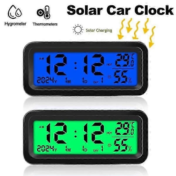 Solarbil Digital Klocka Datum Vecka Temperatur Luftfuktighet LCD-Display för Instrumentbräda Bilklocka Bilar Intern Termometer Hygrometer Självhäftande