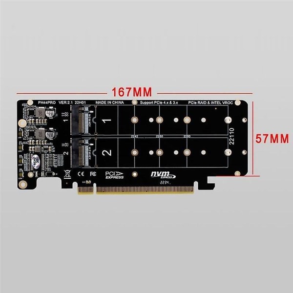 PCIE 4.0 Dobbelt-Disk PCIeX16 til M.2 M-Key NVME SSD Udvidelseskort, Understøtter 4 NVMe M.2 M Key 2280 SSD