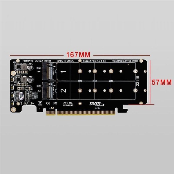 PCIE 4.0 Dual-Disk PCIeX16 til M.2 M-Key NVME SSD-utvidelseskort, støtter 4 NVMe M.2 M Key 2280 SSD