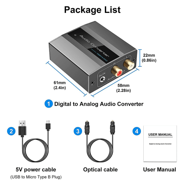 Optisk til RCA-konverter Lydkonverter Digital til Analog lyd Koaksial til RCA-adapter 3,5 mm AUX med optisk kabel for TV PS3 PS4