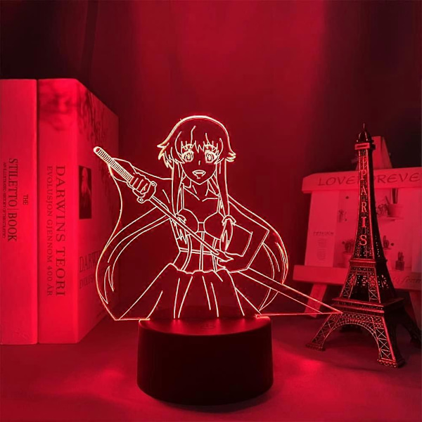 3D Lampe Anime Future Diary Yuno Gasai Figur Nattelys Berøring/Fjernkontroll 16 Fargeendringer LED Illusionslys Soveromsdekor Manga USB Bordlampe