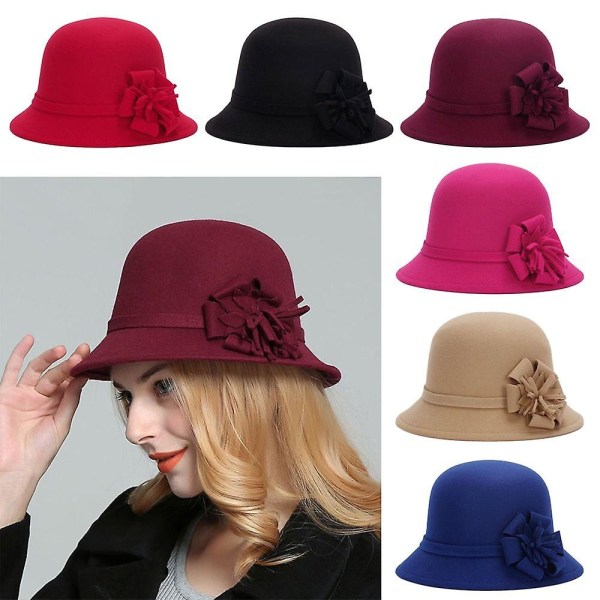 Blomster Klokke Bowler Hat Damer Fest Bryllup Kirke Spand Chapeau Elegant Formelle Kvinder Uld Hat Varmt Filt Vinter Fedora Kasket