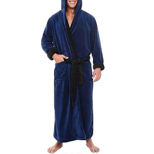 Fleece Morgenkåpe Lang med Hette for Menn - Nattøy-S-Mørk Blå Svart