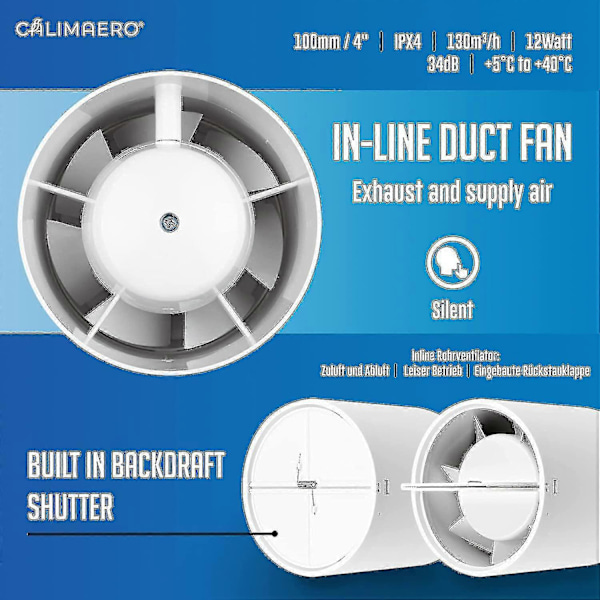 4 Tum Inline Luftutsug 100mm Med Backventil Tyst Luftutsug