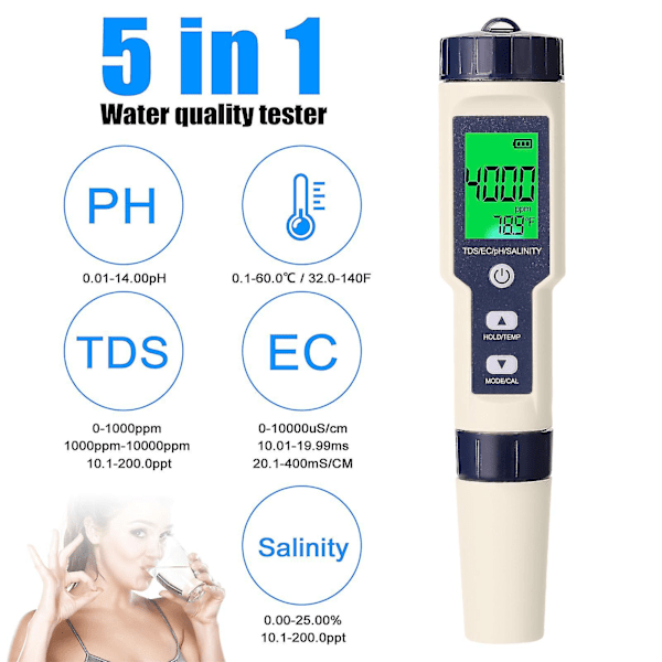 5 i 1 Professionel Multi-parameter Combo Testmåler Ph/ec/tds/salinitet/termometer Digital Multifunktionstester Vandkvalitetstester