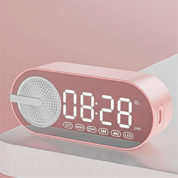 Bærbar Bluetooth-høyttaler med digital klokke, fargerikt nattlys, dobbel vekkerklokke, speil, subwoofer, rosa