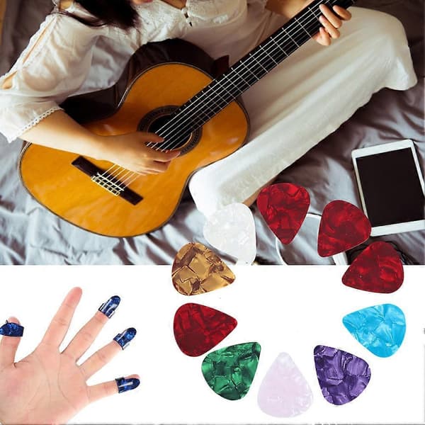 Gitarrtillbehörssats 10 Celluloid Plektrum 4 Gitarrglidare 8 Fingerrör med Järnask